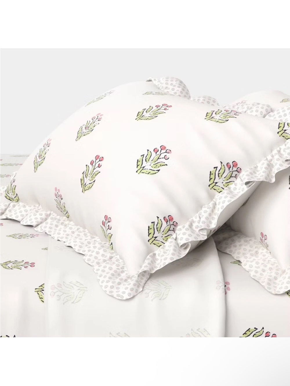 NWT Queen 310 Thread Count Teen Block Print Ruffle Sheet Set Pink/Cream